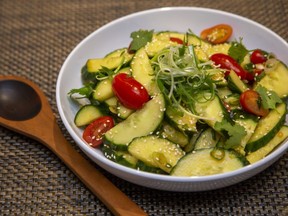 Chili paste, rice vinegar, sesame oil and soy sauce add zip to this crunchy Asian cucumber salad. (Derek Ruttan/The London Free Press)