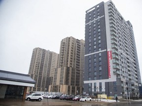 A planner hired by the Unity Project argued Monday at a hearing of the Ontario Land Tribunal that three highrises built by Medallion Corp. in a Old East Village haven't sparked the expected revitalization of the area. The agency is appealing a planned fourth tower at the site. Photograph taken Monday March 7, 2022. (Derek Ruttan/The London Free Press)