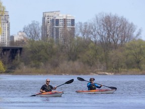 Brian Bettencourt and John Ramos kayak on the Thames River. There were several groups of paddlers on the river on that mild Sunday in May 2020. (Mike Hensen/The London Free Press)