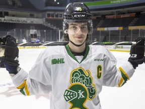 Former London Knights captain Luke Evangelista models the vintage jersey players wore in February 2022 at Budweiser Gardens. (Mike Hensen/The London Free Press)