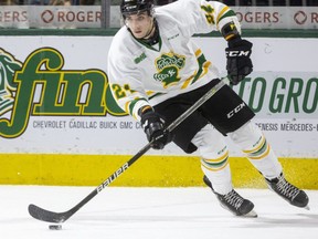 Logan Mailloux has played only a few games for the London Knights and now may be out for the rest of the season with a shoulder injury. (Mike Hensen/The London Free Press)