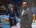 Author and playwright Emma Donoghue, left, and the Grand Theatre's artistic director Dennis Garnhum pose on the set of Room on March 8, 2022. (Mike Hensen/The London Free Press)