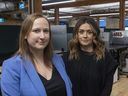 Rachel Hardman and Chelsea Johnson, in human resources at InfoTech on Tuesday, March 8, 2022, say the company has hit a milestone of 1,000 workers and still is hiring. (Mike Hensen/The London Free Press)