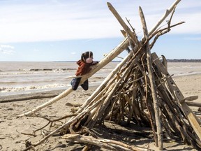 Madeline McGregor, 8 of Mt. Brydges plays on a driftwood lean-to built on the main beach in Port Stanley on Sunday March 20, 2022. (Mike Hensen/The London Free Press)