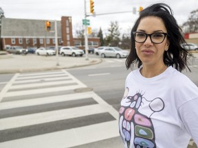 Janeen Hassan Stewart has approval to paint the crosswalk at Longwoods and Colonel Talbot roads in Lambth orange in honour of survivors of the Indian residential school system. She's seeking public financial support for the $4,000 cost. (Mike Hensen/The London Free Press)