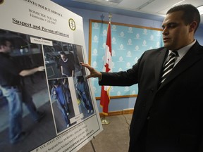 Toronto Police homicide Det.-Sgt. Peter Moreira points to a person of interest and suspect involved in the May, 18, 2007 murder of philanthropist Glen Davis. This photo is from February 2008. Toronto Police chief Bill Blair had issued a $50,000 reward in hopes of gaining further information and apprehending those involved in the targeted murder that took place in an underground garage at Eglinton Ave. E. and Mt. Pleasant Rd.