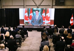 A video recording from Prime Minister Justin Trudeau is shown at a news conference on Wednesday, March 23, 2022, in Windsor where an investment of up to $4.9 billion to build an electric vehicle battery plant in the city was announced. (Dan Janisse/Postmedia Network)
