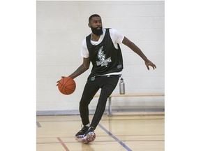 Guard Terry Thomas goes through his paces at a London Lightning practice at the Centre Branch YMCA in London on Wednesday, March 23, 2022. Lightning coach Doug Plumb calls Thomas "a real pro" who's made a difference in every game. (Derek Ruttan/The London Free Press)