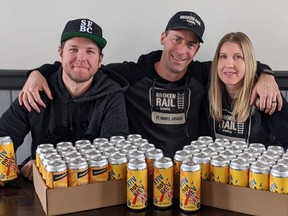 Head brewer Brock Moorehead, left, and Broken Rail Brewery owners Ryan and Erin Leaman have launched Kyiv Not Kiev as a fundraiser to aid citizens of Ukraine. (Broken Rail photo)