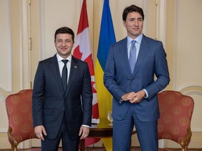 Ukrainian president Volodymyr Zelenskyy pictured with Prime Minister Justin Trudeau during a 2019 meeting in Toronto, where the topics discussed included "the possibility of Russian aggression." A former actor and comedian who once played the Ukrainian president in a popular TV show, Zelenskyy's staunch refusal to leave Kyiv has marked him as the face of Ukrainian resistance to the Russian invasion.
