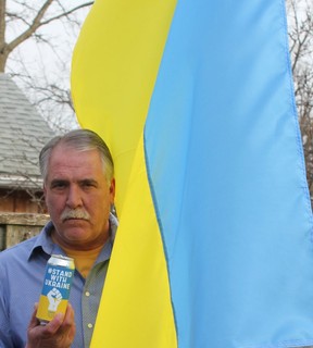 County of the city of St. Thomas. Ukrainian-born Steve Peters poses with a beer from his hometown craft brewer. #StandWithUkraine by Railway City is being sold to raise funds for Red Cross relief efforts. (Photo by Steve Peters/Facebook)