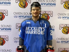 Owen Sound Attack captain Mark Woolley wearing the special Woolley's Warrior jerseys the Attack will wear Saturday night when they take on the Guelph Storm. The game worn jerseys are being auctioned off for Woolley's Warriors charity in support of Diabetes Canada. Photo supplied.