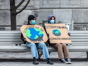 Members of the student groups Pour le futur Montréal and Étudiants en grève demonstrated for climate justice in Old Montreal on Feb. 11, 2022.