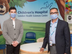 Jatinder Bains, Children’s Hospital vice-president, left, and Dr. Ram Singh, its director of the pediatric critical care unit, are urging parents and their kids to remain vigilant, wear masks indoors and get vaccinated as the London hospital continues to see high levels of COVID-positive kids. (Contributed/Children's Hospital)