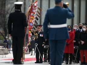 Gov. Gen. Mary Simon salutes during at a ceremony commemorating the 105th anniversary of the Battle of Vimy Ridge, at the National War Memorial in Ottawa, on Saturday, April 9, 2022. THE CANADIAN PRESS/Justin Tang