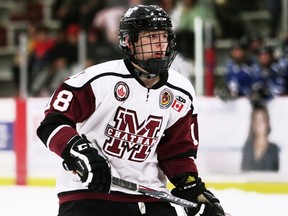 Chatham Maroons player Connor Paronuzzi plays against the London Nationals at Chatham Memorial Arena in Chatham on Friday, April 22, 2022. Mark Malone/Chatham Daily News/Postmedia Network