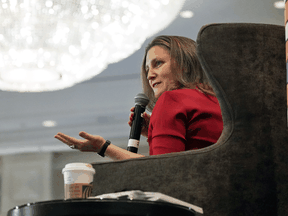 Finance Minister Chrystia Freeland speaks about the federal budget at a Greater Vancouver Board of Trade event, in Vancouver, on April 13, 2022.