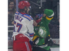 Kitchener Rangers player Trent Swick and London Knights opponent Ben Bujold get rough during the first period of their game at Budweiser Gardens in London on Wednesday April 13, 2022. (Derek Ruttan/The London Free Press)