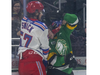 Kitchener Ranger Trent Swick and London Knight Ben Bujold get rough during first-period action at Budweiser Gardens in London on April 13, 2022. (Derek Ruttan/The London Free Press)