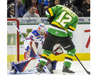 London Knights player Tye McSorley waits for the rebound from Kitchener Rangers goalie Pavel Cajan during Game 2 of their playoff series at Budweiser Gardens in London. Sitting in that spot gave McSorley the winning goal in Game 3 two days later on Sunday April 25, 2022. (Mike Hensen/The London Free Press)