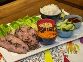 Fun and flexible steak in lettuce cups pairs tasty, grilled flank steak with all manner of  savoury sidekicks, Jill Wilcox says. (Food styling by Ran Ai)(Derek Ruttan/The London Free Press)