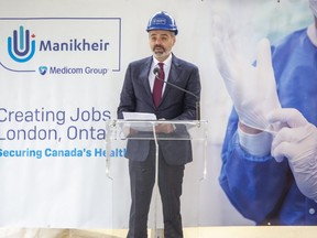 Medicom founder and chief executive Ronald Reuben speaks during a news conference in London on Tuesday, April 26, 2022, to announce the Quebec-based health care equipment manufacturer he founded is opening a plant in the city. (Derek Ruttan/The London Free Press)