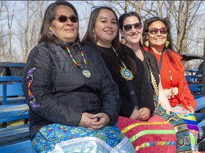 (L to R) Crystal Kechego, Leah Grosbeck, Julie MacFarlane and Ardy Albert graduated from the Ojibwa language course in Chippewas of the Thames First Nation. (Derek Ruttan/The London Free Press)