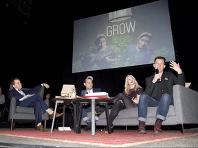 Grand Theatre artistic director Dennis Garnum speaks with (L to R)  Akiva Romer-Segal, Colleen Dauncey and Matt Murray about their musical, "Grow," during the announcement of the Grand Theatre's line-up for the 2019-20 season in London. This photo was taken in March 2019. The play is finally debuting after a two-year pandemic delay. (Derek Ruttan/The London Free Press)