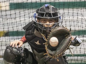 Brayden Gelinas, a 13U catcher for the London Badgers, catches for their pitchers on Sunday April 24, 2022. Mike Hensen/The London Free Press