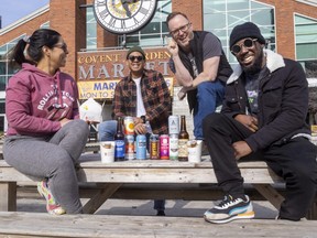 Pablo Tovar, centre left, and Tim Stewart are the organizers of the new London Beer Fest that will also feature South American food expert Carolina Matheus and musician King Cruff (Solomon Marley Spence) at the Covent Garden Market in London in June.
(Mike Hensen/The London Free Press)