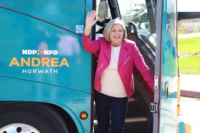 Ontario NDP Leader Andrea Horwath waves to supporters at a campaign stop in Sudbury on Monday May 9, 2022. (John Lappa/Sudbury Star/Postmedia Network)