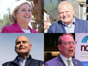 The 2022 Ontario provincial party leaders. Top, Andrea Horwath, NDP; Doug Ford, Progressive Conservatives; Bottom, Steven Del Duca, Liberals; and Mike Schreiner, Greens.