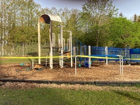 Playground equipment at St. Vincent de Paul elementary school in Strathroy was damaged in a fire early Thursday. Three teens are charged with arson, Strathroy-Caradoc police said. (Strathroy-Caradoc police Facebook photo)