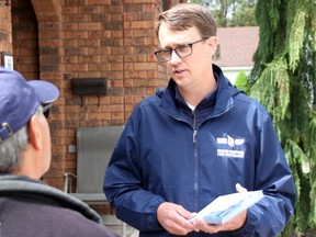 Monte McNaughton campaigns in Strathroy. The Progressive Conservative candidate in Lambton—Kent—Middlesex is seeking re-election for a fourth June 2. (Tyler Kula/Postmedia Network)
