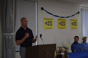 London North Center New Blue candidate Tommy Caldwell delivers opening remarks at a campaign rally for the upstart party at the Byron Legion Monday May 16, 2022. (Jennifer Bieman/The London Free Press)