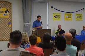 London West New Blue candidate Kris Hunt speaks at a campaign rally for all four London area party candidates at the Byron Legion Monday May 16, 2022. (Jennifer Bieman/The London Free Press)