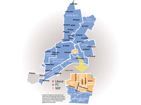 Doug Ford's Progressive Conservatives took seven of the 10 London-region seats in the last Ontario election, in 2018. Andrea Horwath's New Democrats won all three urban London seats including one, London North Centre, picked off from the Liberals.  Map: Juanita Sims/The London Free Press