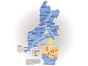 Doug Ford's Progressive Conservatives won seven of London-area's 10 seats in the last Ontario election in 2018. Andrea Horwath's New Democrats won all three of London's urban seats, including one, London North Centre, chosen by the Liberals. (Map: Juanita Sims/The London Free Press)