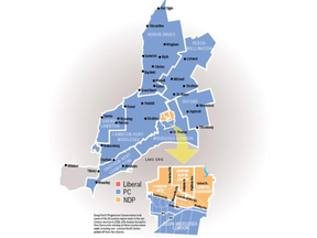 Doug Ford's Progressive Conservatives took seven of the 10 London-region seats in the last Ontario election, in 2018. Andrea Horwath's New Democrats won all three urban London seats including one, London North Centre, picked off from the Liberals. (Map: Juanita Sims/The London Free Press)