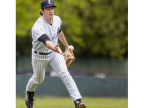 Owen Boon, starting pitcher for the London Majors, tosses to first for an easy out on Guelph Royals DH Josh Garton grounder in the third inning at Labatt Park on Monday May 23, 2022. Mike Hensen/The London Free Press