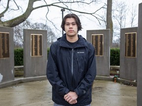 Niigonii White-Eye stands at a monument to honour Indigenous students forced to attend the former Mount Elgin Industrial Institute residential school at Chippewas of the Thames First Nation. White-Eye is a student trustee on the Thames Valley District school board,. Photo taken Tuesday, May 3, 2022. (Derek Ruttan/The London Free Press)