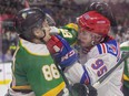 London Knights player Denver Barkey gets into it with Kitchener Rangers opponent Justin Nolet in the second period of Game 7 of their OHL playoff series at Budweiser Gardens in London on Wednesday May 5, 2022. Derek Ruttan/The London Free Press