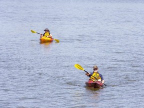 First-time kayakers Bill Pulling and Evelyn Taylor test the waters at Sharon Creek Conservation Area in Delaware on Thursday May 12, 2022. "It was fun, really fun," said Pulling. "The best part is that neither of us fell out." (Derek Ruttan/The London Free Press)