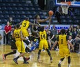 Jachai Taylor of the Windsor Express takes a shot during Game 1 of the semifinal series against the London Lightning at Budweiser Gardens in London on Sunday, May 15, 2022. The Lightning won 106-99. (Derek Ruttan/The London Free Press)