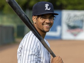 Drew Lawrence prepares on Thursday May 19, 2022 for the London Majors' season opener Friday at Labatt Park. Lawrence had four hits in his first Intercounty Baseball League game with the London Majors last Sunday in Toronto.  (Derek Ruttan/The London Free Press)