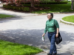 London West Green Party candidate Colleen McCauley canvasses on St. Anthony Place in London on Tuesday May 24, 2022. (Derek Ruttan/The London Free Press)