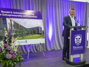 Ron Schmeichel speaks at a ceremony announcing his gift of $10 million to Western University in London. (Derek Ruttan/The London Free Press)