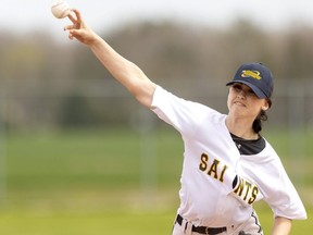 Amber Letkemann of the Strathroy Saints starts on the mound against the Oakridge Oaks in a TVRA Central South varsity co-ed baseball game Friday, May 6, 2022, in Parkhill. Letkemann is one of two young women starting for the Saints. Mackenna Nagy, who is injured, is their starting catcher. (Mike Hensen/The London Free Press)