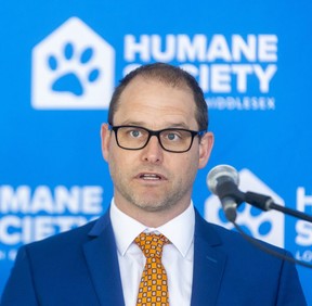 Steve Ryall, executive director of the Humane Society of London and Middlesex, announces details of the society's new home during a groundbreaking ceremony. Photograph taken Tuesday, May 17, 2022. (Mike Hensen/The London Free Press)