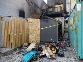 A fire Tuesday behind the Ark Aid Street Mission on Dundas Street in London has damaged the building, which was undergoing renovations. The charity will continue to work out of First Baptist Church on Richmond Street.  (Mike Hensen/The London Free Press)